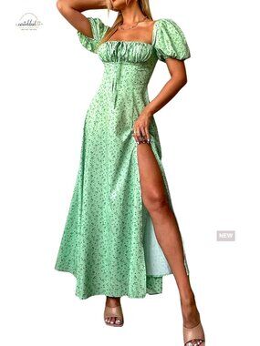 Puff Sleeve Floral Maxi Dress A-Line Backless High Slit Formal Casual